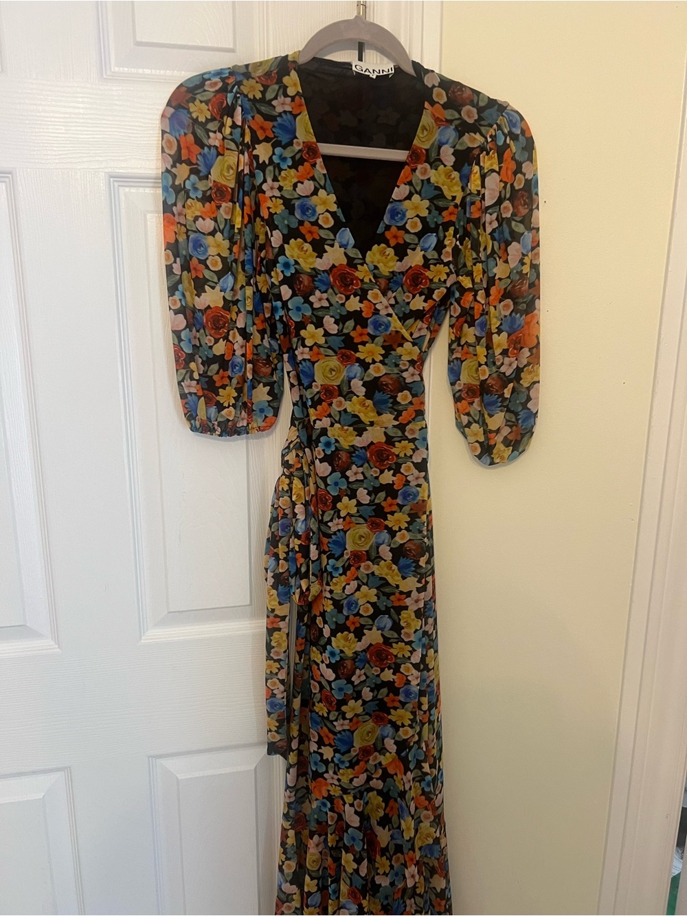 Ganni Black Floral Wrap Maxi Dress with Blue, Yellow & Red Accents